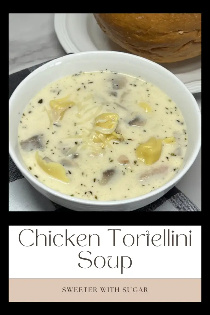 Chicken Tortellini Soup is quick and easy to make and makes a yummy comfort food meal. This soup is filled with rotisserie chicken, onion, mushroom, seasonings, garlic, cheese and cheese tortellini. #Soups #RecipesWithTortellini #RecipesWithRotissiereChicken #ComfortFoodRecipes