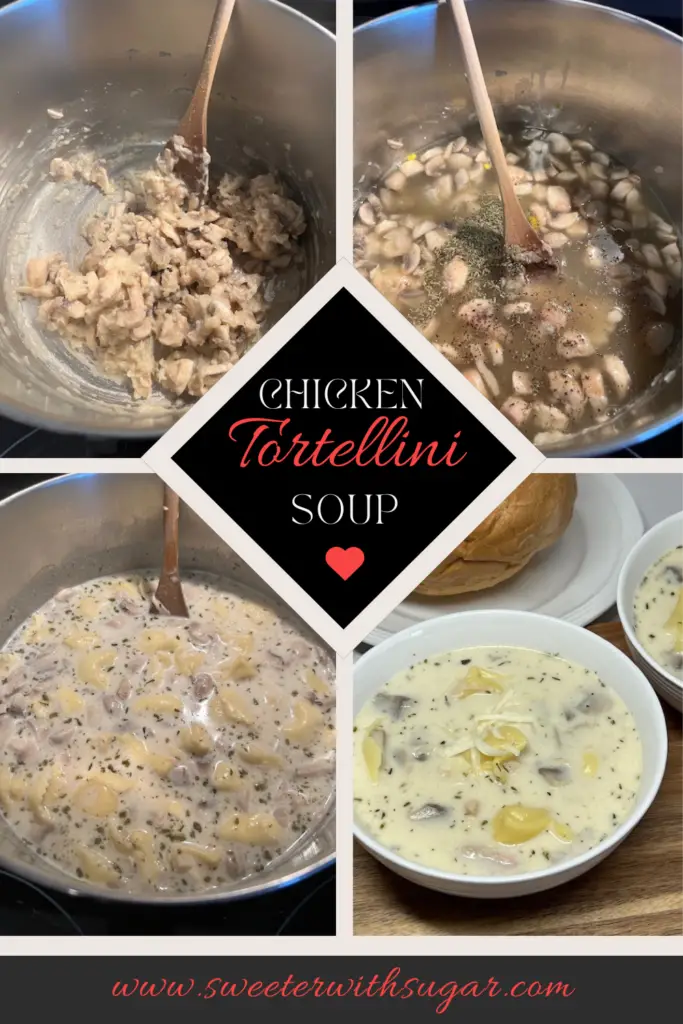 Chicken Tortellini Soup is quick and easy to make and makes a yummy comfort food meal. This soup is filled with rotisserie chicken, onion, mushroom, seasonings, garlic, cheese and cheese tortellini. #Soups #RecipesWithTortellini #RecipesWithRotissiereChicken #ComfortFoodRecipes