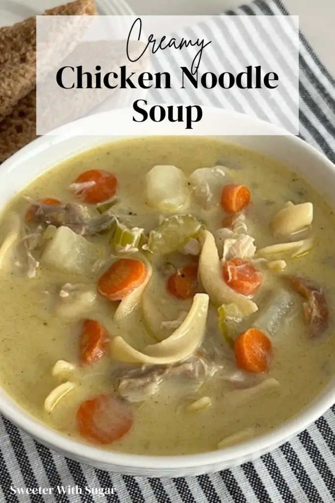 Creamy Chicken Noodle Soup is a simple soup recipe you will love. It is full of vegetables, rotisserie chicken, seasonings and egg noodles. This soup makes a great dinner paired with a yummy bread! #SoupRecipes #RotisserieChickenRecipes #DinnerRecipes #EasyDinnerIdeas #ComfortFoodRecipes
