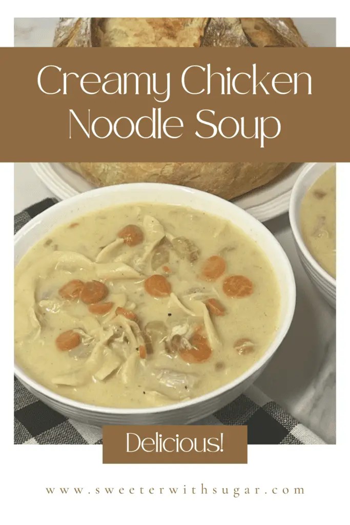 Creamy Chicken Noodle Soup is a simple soup recipe you will love. It is full of vegetables, rotisserie chicken, seasonings and egg noodles. This soup makes a great dinner paired with a yummy bread! #SoupRecipes #RotisserieChickenRecipes #DinnerRecipes #EasyDinnerIdeas #ComfortFoodRecipes