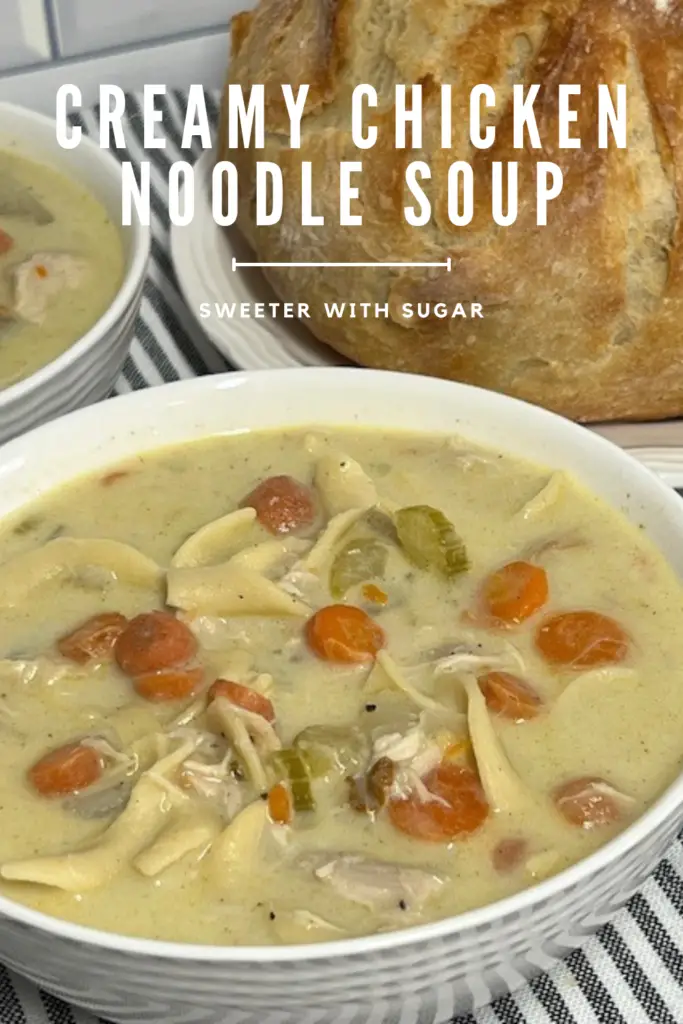 Creamy Chicken Noodle Soup is a simple soup recipe you will love. It is full of vegetables, rotisserie chicken, seasonings and egg noodles. This soup makes a great dinner paired with a yummy bread! #SoupRecipes #RotisserieChickenRecipes #DinnerRecipes #EasyDinnerIdeas #ComfortFoodRecipes