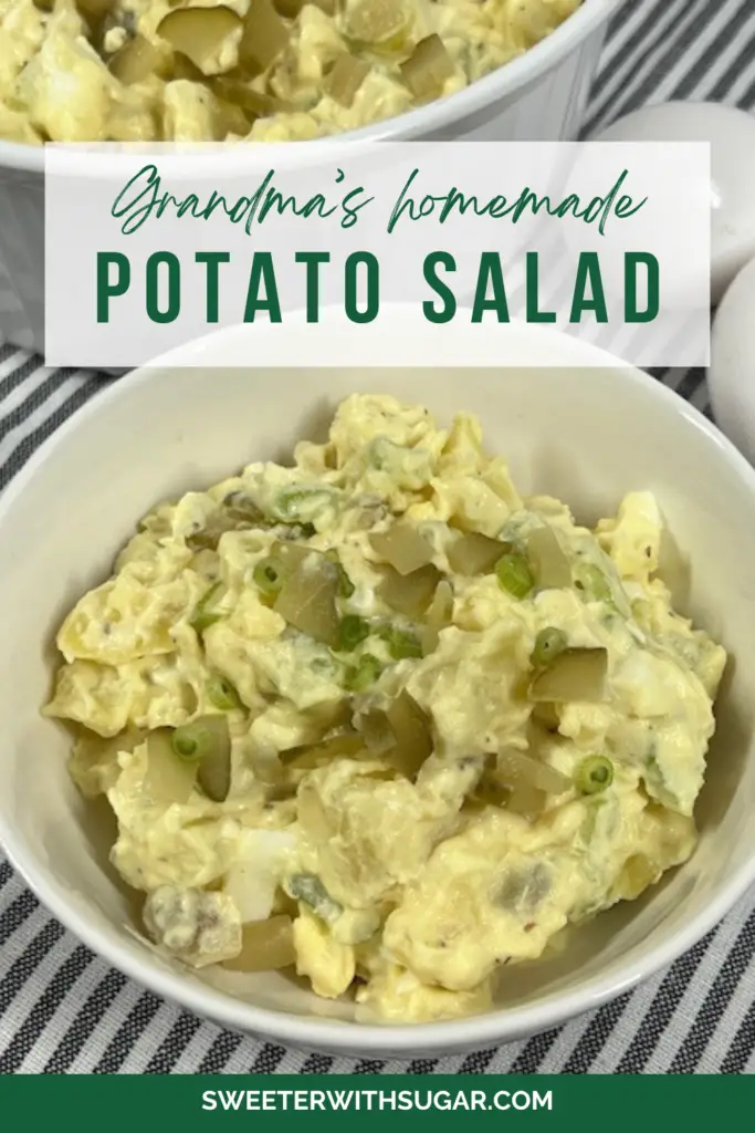 Grandma's Potato Salad is a classic potato salad made with tender potatoes, hard boiled eggs, onion, celery and dill pickles. #PotatoSalad #SideSalads #ClassicSaladRecipes #SidesForBarbecues