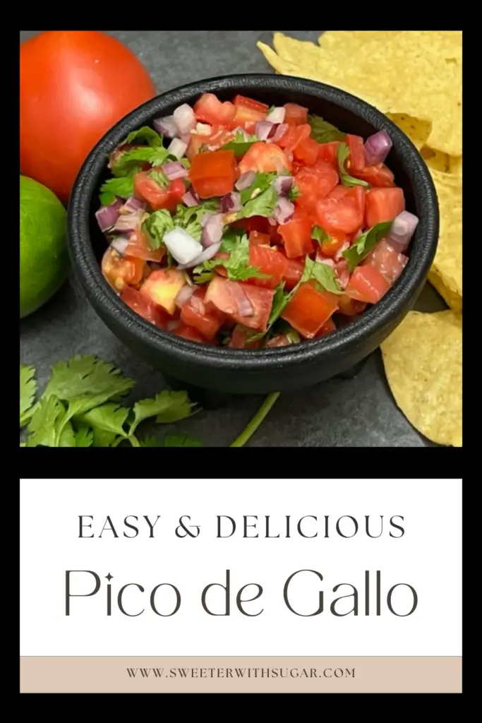 This Pico de Gallo is fresh, healthy and easy to make. It makes a delicious dip or side for many Mexican dishes. You only need seven simple ingredients and a small amount of prep time. #MexicanFoodRecipes #Pico #EasyPicoDeGallo #SimpleSalsa