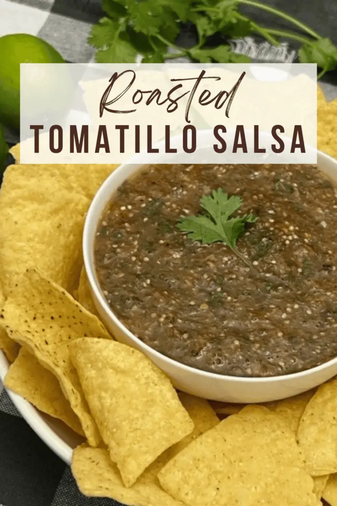 Roasted Tomatillo Salsa is a super simple recipe for a dip or over burritos. This is perfect for Cinco de Mayo. #Salsa #Tomatillo #MexicanRecipes #EasySalsas #CincoDeMayo