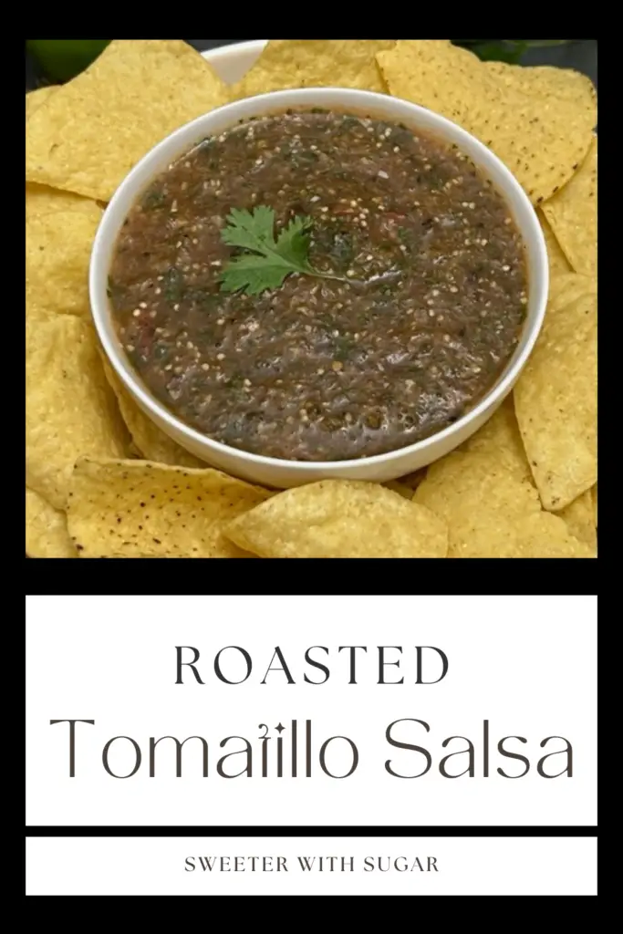 Roasted Tomatillo Salsa is a super simple recipe for a dip or over burritos. This is perfect for Cinco de Mayo. #Salsa #Tomatillo #MexicanRecipes #EasySalsas #CincoDeMayo