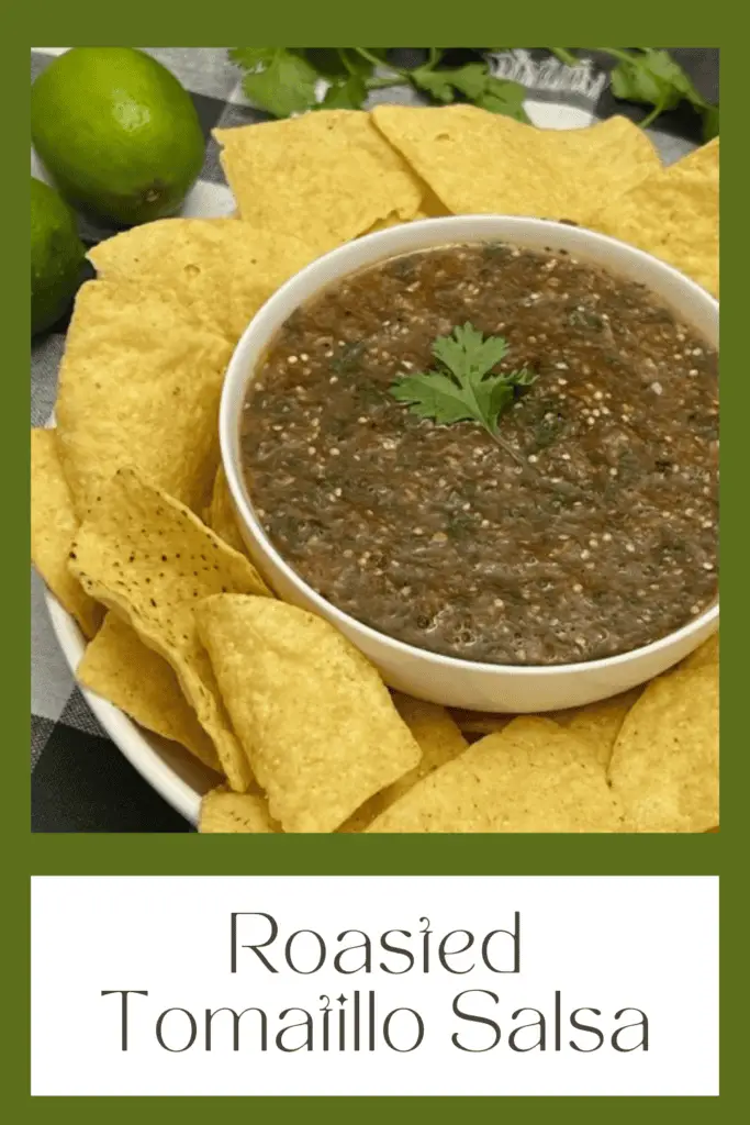 Roasted Tomatillo Salsa is a super simple recipe for a dip or over burritos. This is perfect for Cinco de Mayo. #Salsa #Tomatillo #MexicanRecipes #EasySalsas #CincoDeMayo