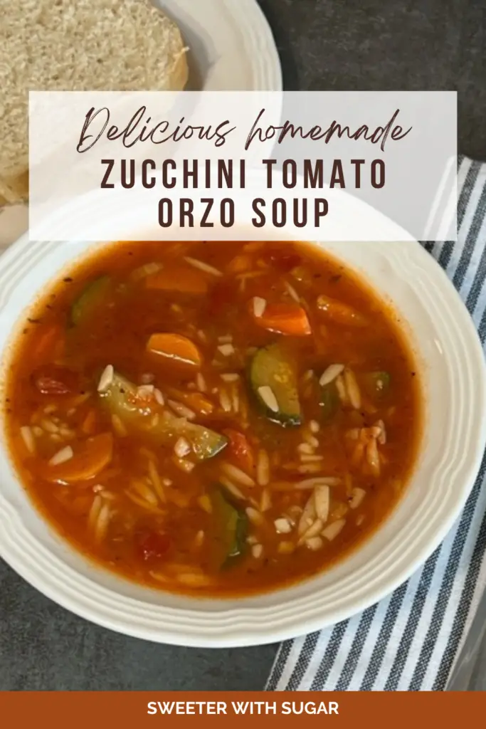 Zucchini Tomato Orzo Soup is full of delicious garden produce. Soup makes a perfect meal or side dish. This zucchini soup is easy to make and full of flavor. #GardenRecipes #SoupRecipes #ZucchiniRecipes #OrzoRecipes