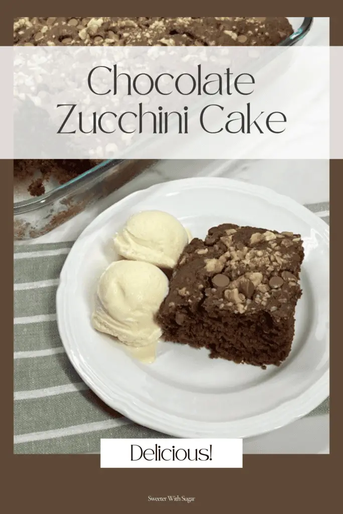 Chocolate Zucchini Cake server on a plate with ice cream