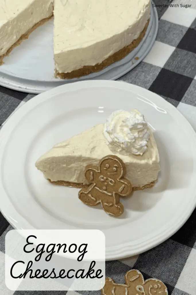 No-Bake Eggnog Cheesecake recipe! Featuring a rich eggnog-infused filling on a buttery graham cracker crust, this dessert is easy to make and perfect for Christmas parties or holiday gatherings.