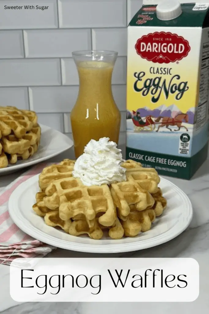 Start your holiday mornings with these fluffy and festive Eggnog Waffles! Made with rich eggnog and warm spices, these waffles are perfect for Christmas breakfast or brunch. Serve them with butter, maple syrup, our Eggnog Syrup or a dusting of powdered sugar for a delicious seasonal treat! #EggnogWaffles #HolidayBreakfast #ChristmasBrunch #FestiveFlavors #EasyWaffleRecipe #HomemadeWaffles #EggnogRecipes