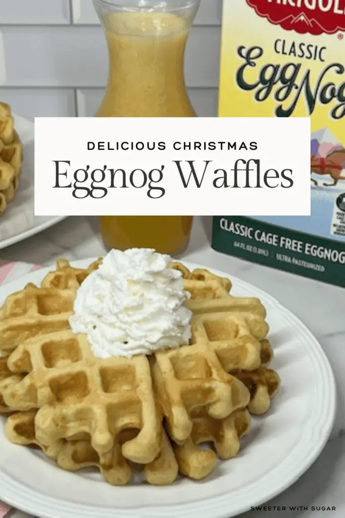 Start your holiday mornings with these fluffy and festive Eggnog Waffles! Made with rich eggnog and warm spices, these waffles are perfect for Christmas breakfast or brunch. Serve them with butter, maple syrup, our Eggnog Syrup or a dusting of powdered sugar for a delicious seasonal treat! #EggnogWaffles #HolidayBreakfast #ChristmasBrunch #FestiveFlavors #EasyWaffleRecipe #HomemadeWaffles #EggnogRecipes