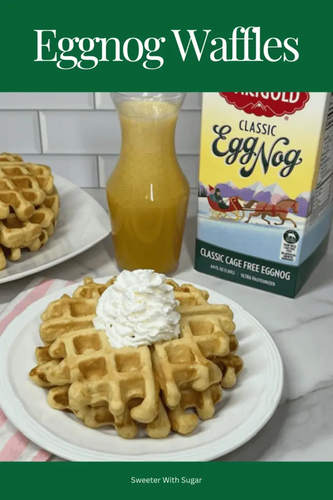 Start your holiday mornings with these fluffy and festive Eggnog Waffles! Made with rich eggnog and warm spices, these waffles are perfect for Christmas breakfast or brunch. Serve them with butter, maple syrup, our Eggnog Syrup or a dusting of powdered sugar for a delicious seasonal treat! #EggnogWaffles #HolidayBreakfast #ChristmasBrunch #FestiveFlavors #EasyWaffleRecipe #HomemadeWaffles #EggnogRecipes