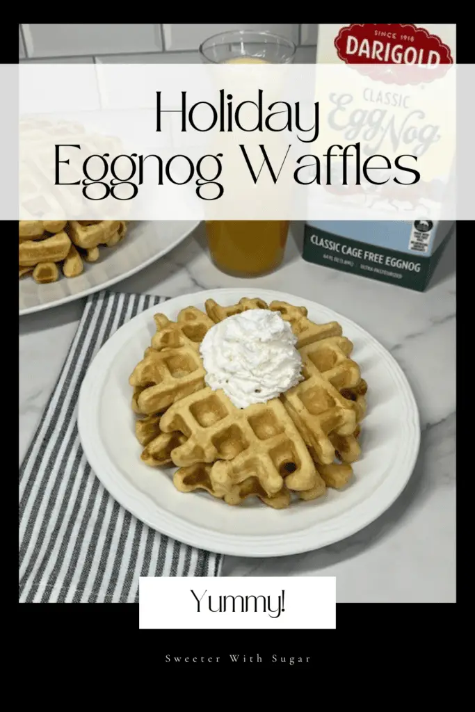 Start your holiday mornings with these fluffy and festive Eggnog Waffles! Made with rich eggnog and warm spices, these waffles are perfect for Christmas breakfast or brunch. Serve them with butter, maple syrup, our Eggnog Syrup or a dusting of powdered sugar for a delicious seasonal treat! #EggnogWaffles #HolidayBreakfast #ChristmasBrunch #FestiveFlavors #EasyWaffleRecipe #HomemadeWaffles #EggnogRecipes