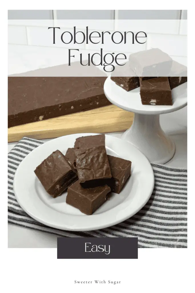 Satisfy your sweet tooth with this decadent Toblerone Fudge recipe! Made with rich chocolate Toblerone candy bars, creamy condensed milk and butter. This easy no-bake dessert is a crowd-pleaser. Perfect for holiday treats, gift-giving, or indulging any time. This fudge is smooth, chocolaty, and loaded with irresistible nougat. #TobleroneFudge #EasyFudgeRecipe #NoBakeDesserts #ChocolateLovers #HolidayTreats #HomemadeFudge #DecadentDesserts