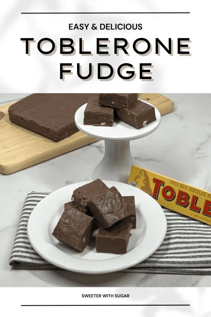 Satisfy your sweet tooth with this decadent Toblerone Fudge recipe! Made with rich chocolate Toblerone candy bars, creamy condensed milk and butter. This easy no-bake dessert is a crowd-pleaser. Perfect for holiday treats, gift-giving, or indulging any time. This fudge is smooth, chocolaty, and loaded with irresistible nougat. #TobleroneFudge #EasyFudgeRecipe #NoBakeDesserts #ChocolateLovers #HolidayTreats #HomemadeFudge #DecadentDesserts