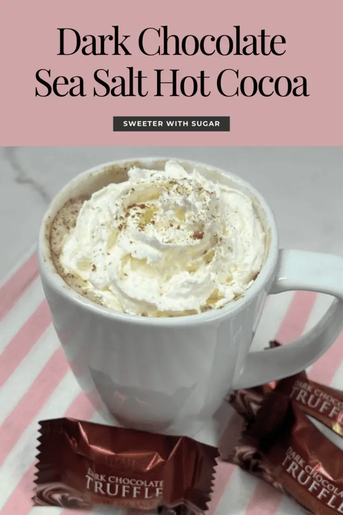 A steaming mug of dark chocolate sea salt hot cocoa, topped with whipped cream and sprinkled with flaky sea salt and cinnamon.