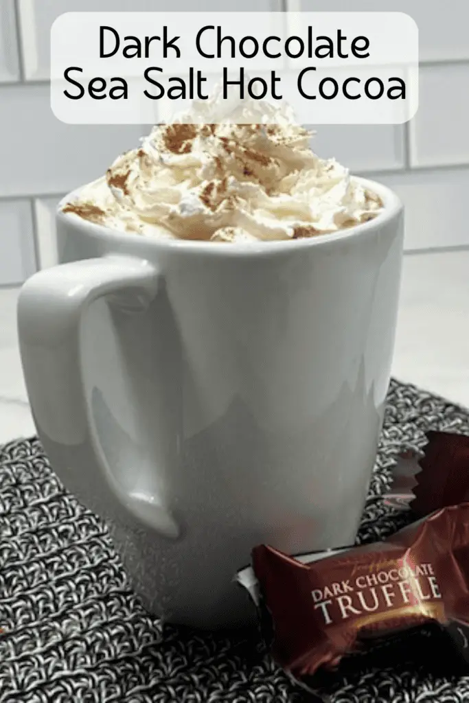A steaming mug of dark chocolate sea salt hot cocoa, topped with whipped cream and sprinkled with flaky sea salt and cinnamon.