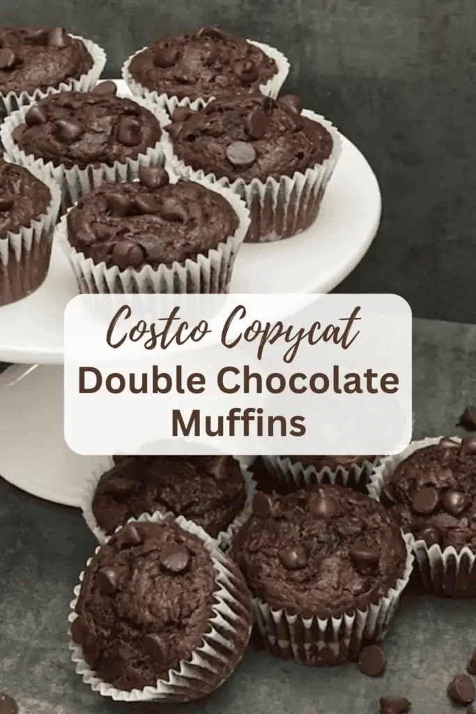 A counter top. full of double chocolate muffins with a cracked top, revealing a soft center, sitting on a white plate with chocolate chips bursting out of the top.
#DoubleChocolateMuffins #CostcoCopycat #HomemadeBakeryStyleMuffins #ChocolateLovers #MoistMuffins #EasyBaking #JumboMuffins #ChocolateCake