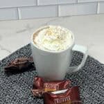 A steaming mug of dark chocolate sea salt hot cocoa, topped with whipped cream and sprinkled with cinnamon.