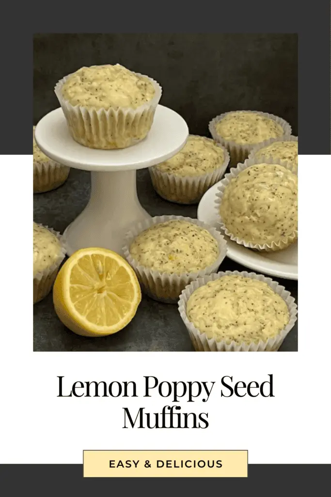 A batch of golden lemon poppy seed muffins with a light drizzle of lemon glaze, sitting on a white cake plate.
#LemonPoppySeedMuffins #EasyBaking #HomemadeMuffins #LemonLovers #SpringBaking #MoistMuffins #BreakfastIdeas
