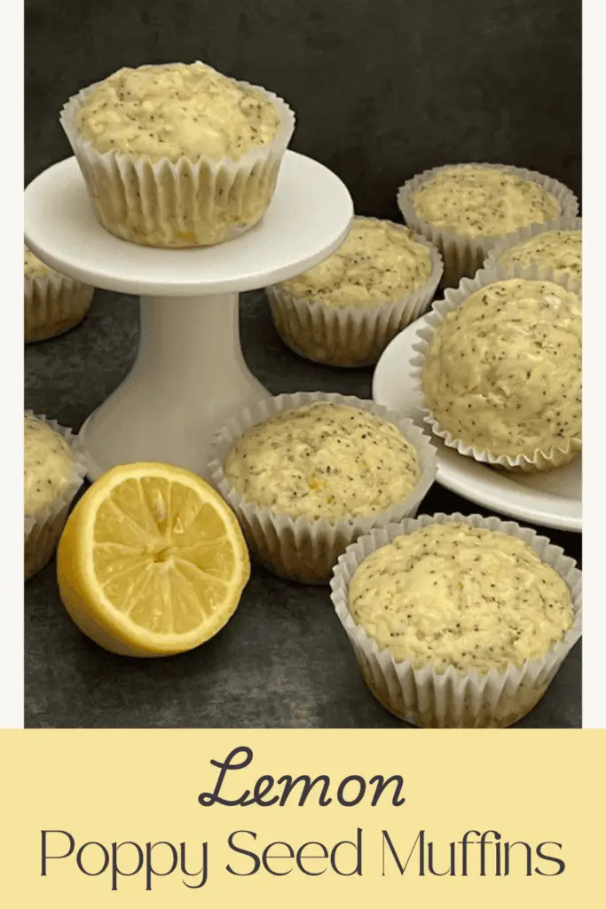 A batch of golden lemon poppy seed muffins with a light drizzle of lemon glaze, sitting on a white cake plate.
#LemonPoppySeedMuffins #EasyBaking #HomemadeMuffins #LemonLovers #SpringBaking #MoistMuffins #BreakfastIdeas