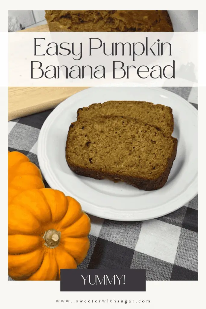 A moist and fluffy loaf of pumpkin banana bread sliced on a wooden cutting board, showing its golden-brown texture with hints of banana and spices. #PumpkinBananaBread #FallBaking #MoistBananaBread #PumpkinSpice #EasyBaking #QuickBread #HomemadeGoodness