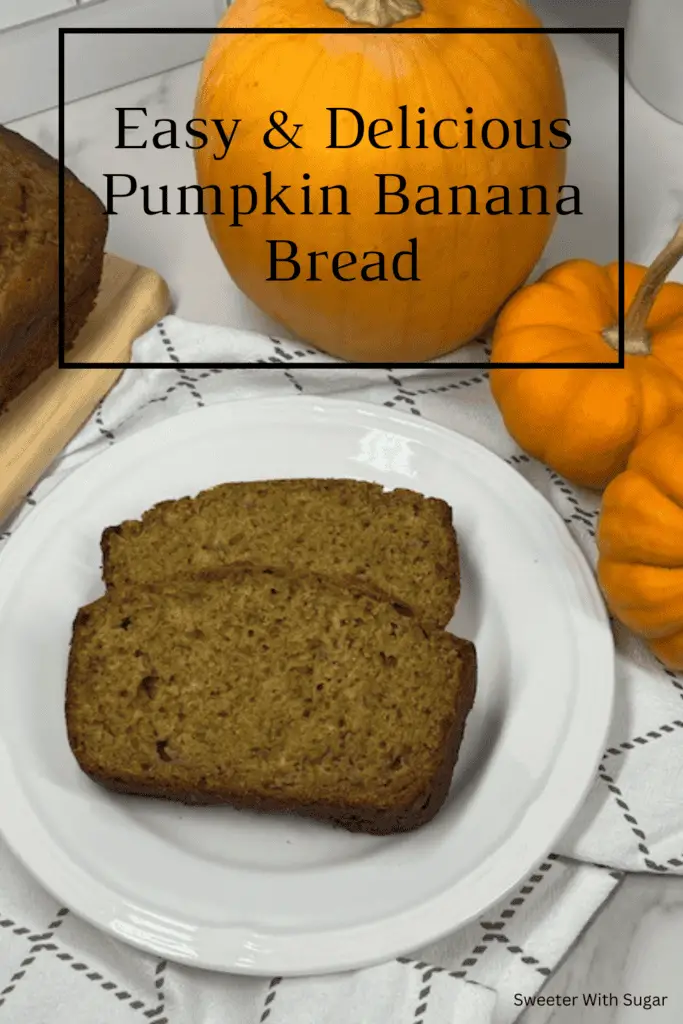 A moist and fluffy loaf of pumpkin banana bread sliced on a wooden cutting board, showing its golden-brown texture with hints of banana and spices. #PumpkinBananaBread #FallBaking #MoistBananaBread #PumpkinSpice #EasyBaking #QuickBread #HomemadeGoodness