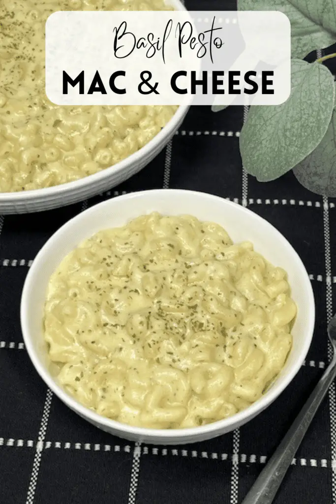 A bowl of creamy basil pesto mac and cheese with melted cheese. Topped with a bit of dried parsley.

#PestoMacAndCheese #MacAndCheeseLover #ComfortFood #EasyDinner #CheeseLover #PastaRecipes #BasilPesto