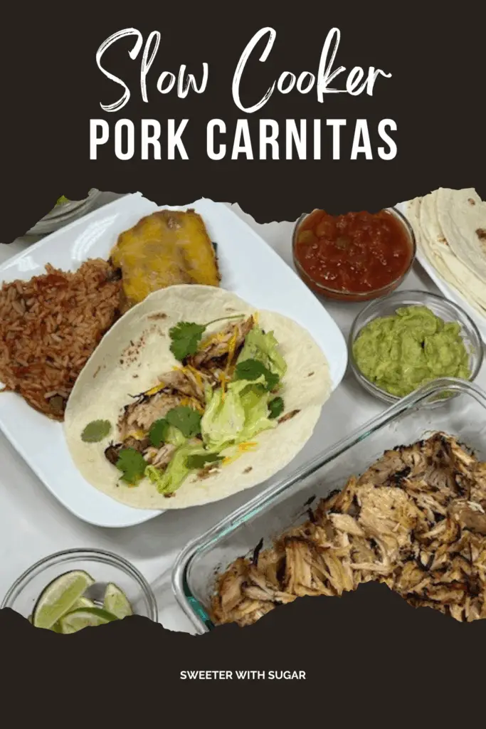 Slow Cooker Pork Carnitas are tender, juicy, and full of flavor with just the right amount of crispy edges! This easy crockpot carnitas recipe is perfect for busy weeknights or feeding a crowd. Made with pork shoulder, fresh citrus juice, garlic, and Mexican spices, this dish is slow-cooked to perfection, then crisped under the broiler for that authentic street taco texture. #MexicanRecipes #Carnitas #SlowCookerMeals #PorkCarnitas #PorkDinners EasyDinnerRecipes #CincoDeMayo