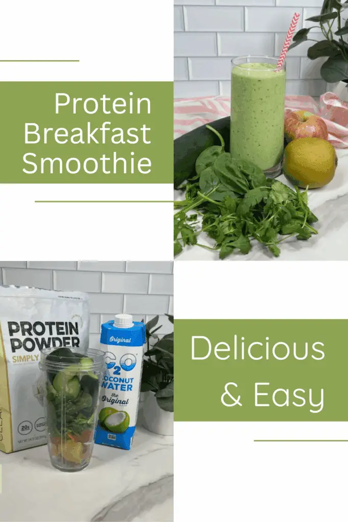Green Breakfast Protein Smoothie is perfect for busy mornings, post-workout fuel, or healthy weight loss goals. It is loaded with spinach, cucumber, apple, kiwi, protein powder (and more) for a creamy, energizing breakfast that keeps you full. #GreenSmoothie #ProteinSmoothie #HealthyBreakfast #SmoothieRecipe #SpinachSmoothie #MealPrepSmoothie #WeightLossSmoothie #PostWorkoutSnack #EasyHealthyRecipes #HighProteinBreakfast