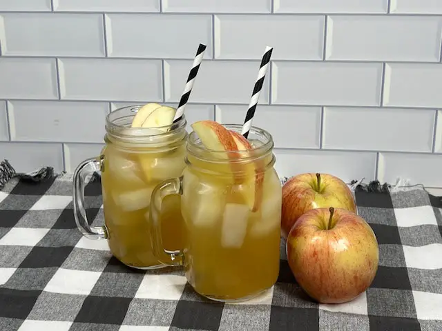 Family-friendly apple cider mocktail with apple slices served over ice.