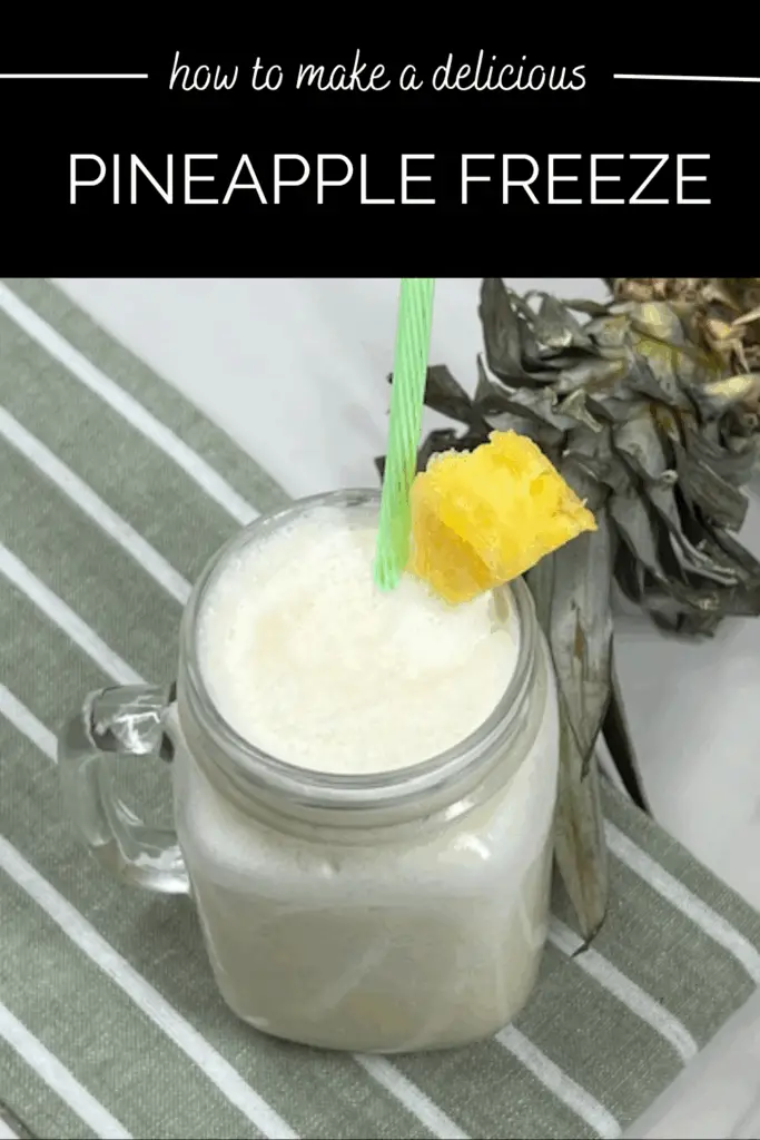 This Pineapple Freeze beverage is a quick and easy frozen treat perfect for hot summer days, family gatherings, or just a fun dessert beverage! It is made with just a few simple ingredients. It's cool, creamy and icy with a tropical flavor in every sip. #PineappleFreeze #SummerSnacks #FrozenFruitDessert #BlenderTreat #EasyPineappleRecipe #HomemadeDoleWhip #TropicalDesserts