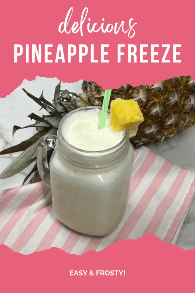 This Pineapple Freeze beverage is a quick and easy frozen treat perfect for hot summer days, family gatherings, or just a fun dessert beverage! It is made with just a few simple ingredients. It's cool, creamy and icy with a tropical flavor in every sip. #PineappleFreeze #SummerSnacks #FrozenFruitDessert #BlenderTreat #EasyPineappleRecipe #HomemadeDoleWhip #TropicalDesserts