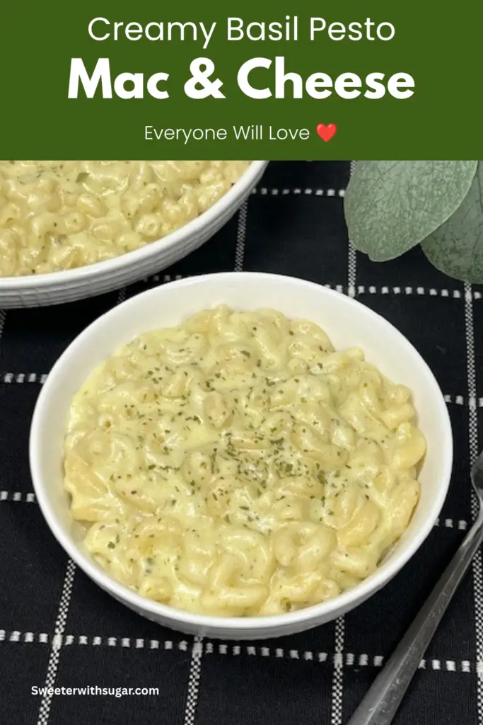 Creamy Basil Pesto Mac and Cheese served in a white bowl.