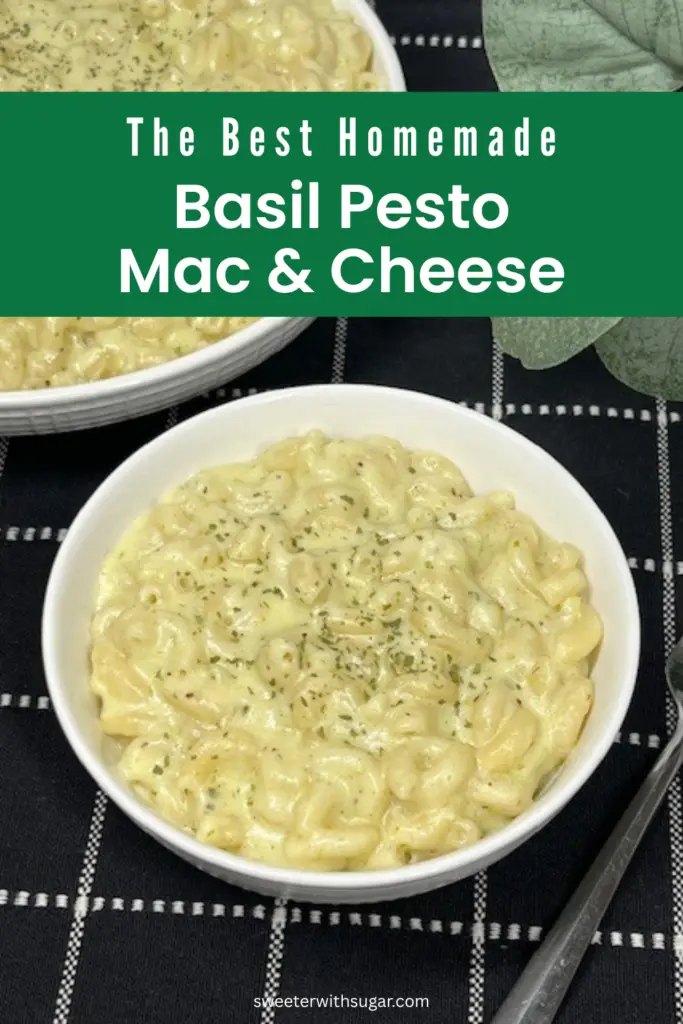 Close-up of creamy pesto macaroni and cheese.