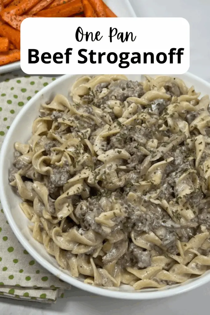 One Pan Beef Stroganoff recipe is a creamy, hearty, and comforting dish that comes together quickly with minimal cleanup. Made with tender strips of beef (or ground beef), sautéed mushrooms, onions, garlic, and perfectly cooked noodles all simmered in a rich sour cream sauce, this is a cozy meal your whole family will love. #EasyOnePanBeefStroganoffRecipe #30MinuteDinnerIdea #FamilyFriendlyOnePanDinnerIdea #GroundBeefStroganoffRecipe #WeeknightDinnerRecipes
