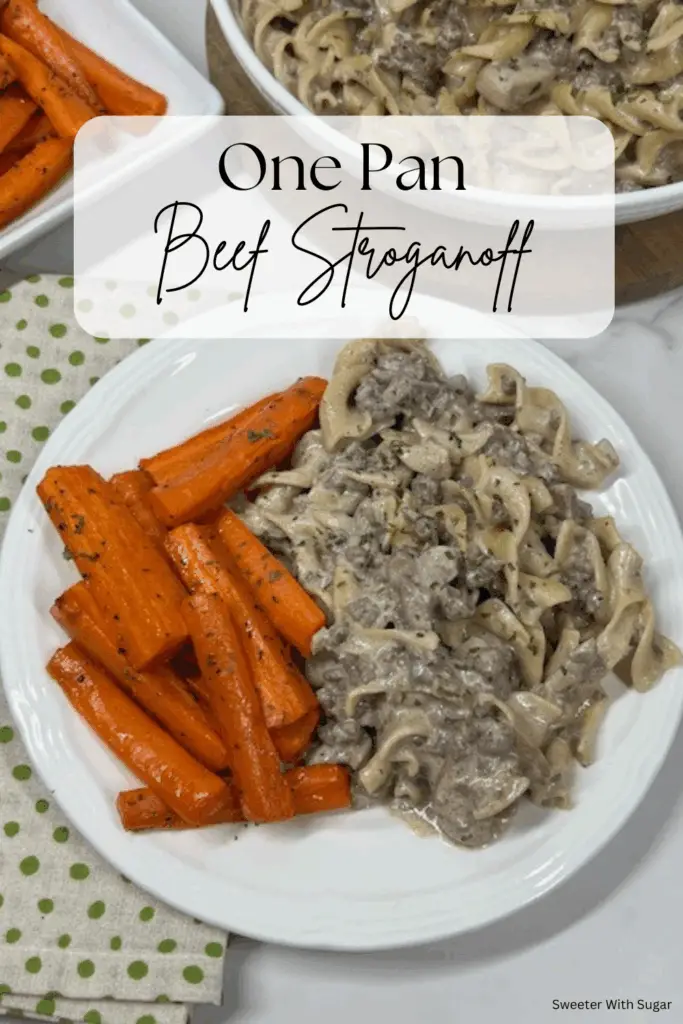 One Pan Beef Stroganoff recipe is a creamy, hearty, and comforting dish that comes together quickly with minimal cleanup. Made with tender strips of beef (or ground beef), sautéed mushrooms, onions, garlic, and perfectly cooked noodles all simmered in a rich sour cream sauce, this is a cozy meal your whole family will love. #EasyOnePanBeefStroganoffRecipe #30MinuteDinnerIdea #FamilyFriendlyOnePanDinnerIdea #GroundBeefStroganoffRecipe #WeeknightDinnerRecipes