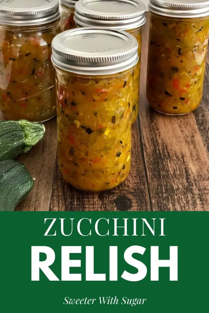 Homemade zucchini relish in a glass jars ready for serving or bottled for storage and use all year long.