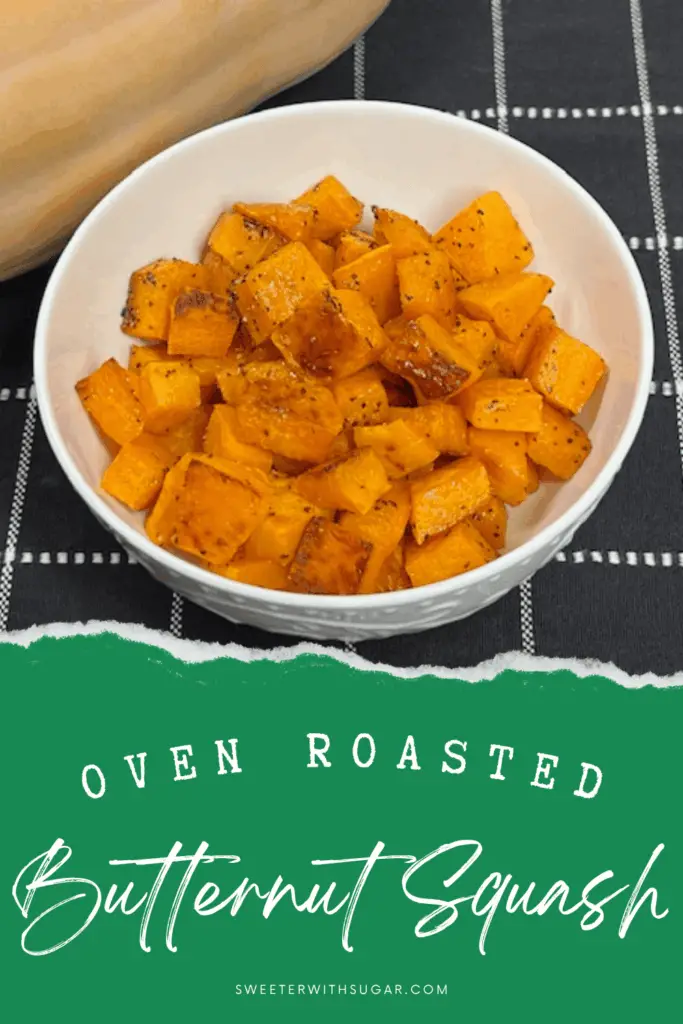 Oven roasted butternut squash pieces that are tender with lightly browned edges.